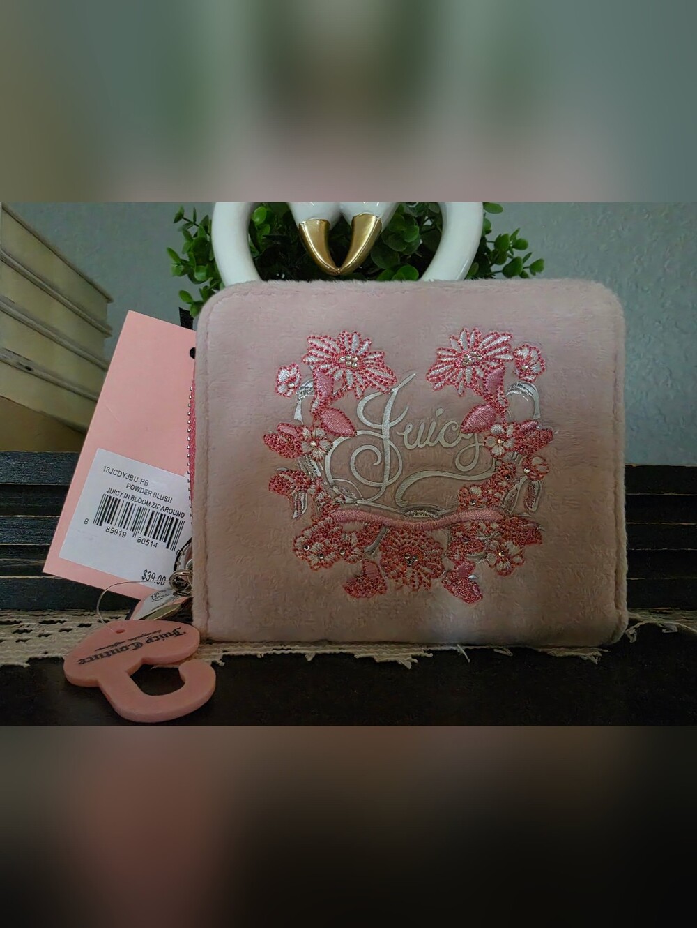 Juicy Couture Blush Pink Embroidered Plush Zip Wallet